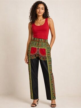 Bold Dashiki Print High Waist Pants Black Red Green